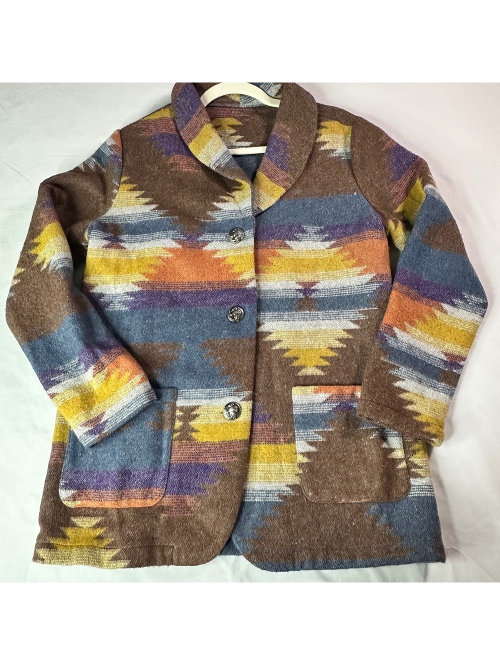 Vtg Southwestern Aztec Blanket Coat Buffalo Nickel Buttons Wool Blend Sz M/L